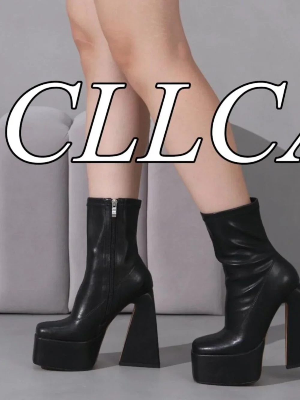 Mid Calf Square Toe Chunky High Heel Platform Boots with Side Zipper